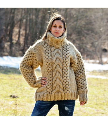 Cable Hand Knitted Chunky 100 % Pure Wool Turtleneck Sweater Beige color Jumper Pullover