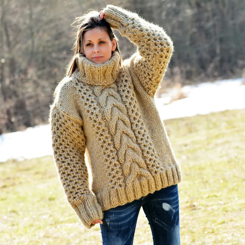 Cable Knitted Chunky 100 % Pure Wool Turtleneck Sweater Beige color by Extravagantza