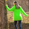 Hand Knitted Turtleneck Mohair Sweater Neon Green color Fuzzy and Fluffy