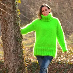 Hand Knitted Turtleneck Mohair Sweater Neon Green color Fuzzy and Fluffy