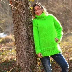 Hand Knitted Turtleneck Mohair Sweater Neon Green color Fuzzy and Fluffy