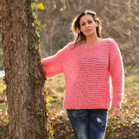 Summer Oversized Slouchy Hand Knitted 100 % Pure Wool Sweater Pink color boat neck