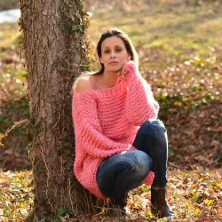 Summer Oversized Slouchy Hand Knitted 100 % Pure Wool Sweater Pink color boat neck