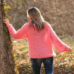 Summer Oversized Slouchy Hand Knitted 100 % Pure Wool Sweater Pink color boat neck