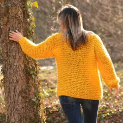 Sammer Oversized Slouchy Hand Knitted 100 % Pure Wool Sweater Yellow color boat neck