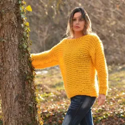 Sammer Oversized Slouchy Hand Knitted 100 % Pure Wool Sweater Yellow color boat neck