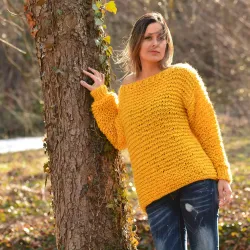 Sammer Oversized Slouchy Hand Knitted 100 % Pure Wool Sweater Yellow color boat neck