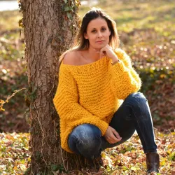 Sammer Oversized Slouchy Hand Knitted 100 % Pure Wool Sweater Yellow color boat neck