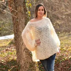 Summer Oversized Slouchy Hand Knitted 100 % Pure Wool Sweater White color boat neck