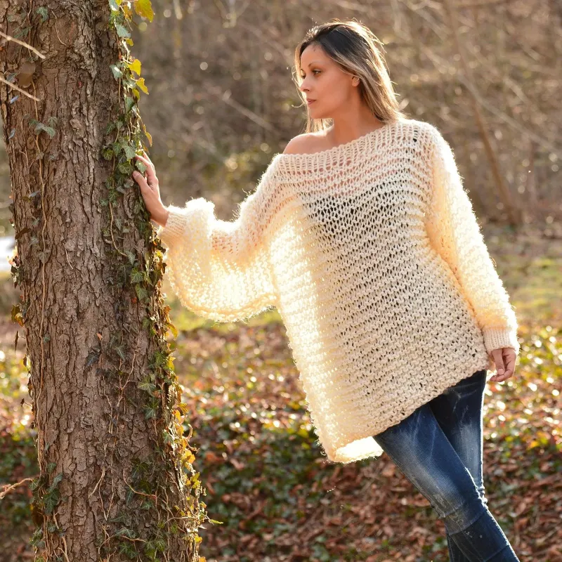 Summer Oversized Slouchy Hand Knitted 100 % Pure Wool Sweater White color boat neck