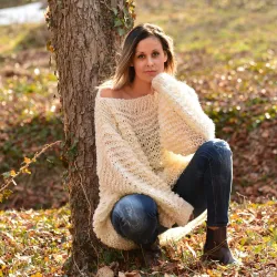 Summer Oversized Slouchy Hand Knitted 100 % Pure Wool Sweater White color boat neck