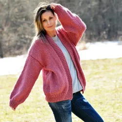 Chunky V-neck Hand Knit 100 % Wool Cardigan Dark Pink color