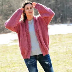 Chunky V-neck Hand Knit 100 % Wool Cardigan Dark Pink color