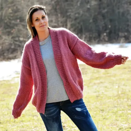 Chunky V-neck Hand Knit 100 % Wool Cardigan Dark Pink color