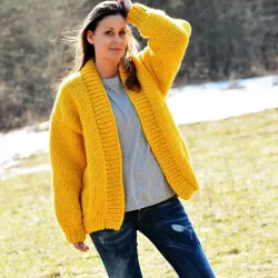 Chunky V-neck Hand Knit 100 % Wool Cardigan Yellow color