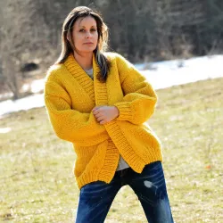 Chunky V-neck Hand Knit 100 % Wool Cardigan Yellow color