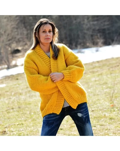 Chunky V-neck Hand Knit 100 % Wool Cardigan Yellow color