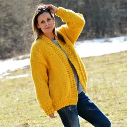 Chunky V-neck Hand Knit 100 % Wool Cardigan Yellow color