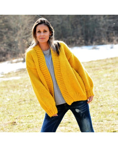 Chunky V-neck Hand Knit 100 % Wool Cardigan Yellow color Jacket