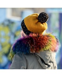 Hand Knitted Chunky Wool Yellow Black mix Color Pom Pom Multicolor Winter Soft Hat