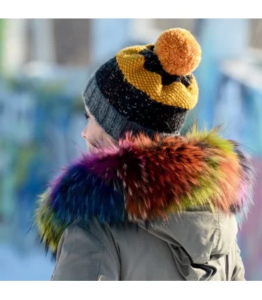 Hand Knitted Chunky Wool Black Grey Yellow Color Pom Pom Multicolor Winter Soft Hat