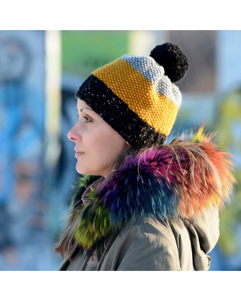 Hand Knitted Chunky Wool Black Light Grey Yellow Color Pom Pom Multicolor Winter Soft Hat