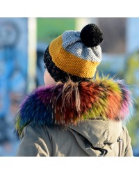Hand Knitted Chunky Wool Black Light Grey Yellow Color Pom Pom Multicolor Winter Soft Hat