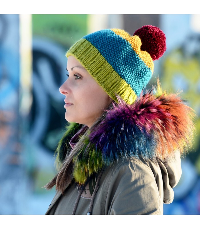 Hand Knitted Chunky Wool Green Red Blue Yellow Color Pom Pom Multicolor Winter Soft Hat