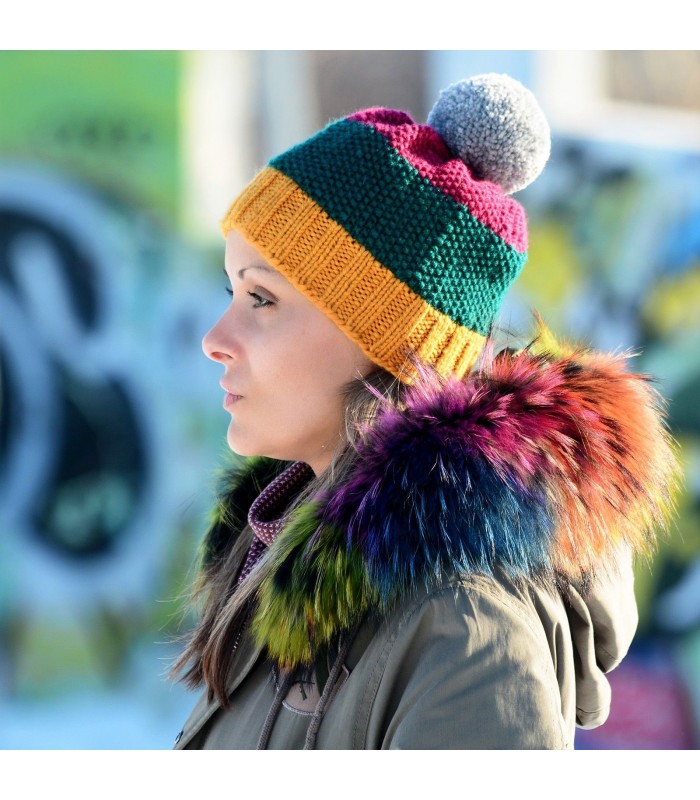 Hand Knitted Chunky Wool Yellow Green Red Light Grey Color Pom Pom Multicolor Winter Soft Hat
