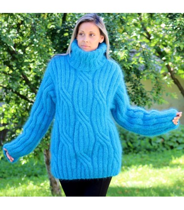 Cable Hand Knitted Mohair Sweater Light Blue Fuzzy Turtleneck by Extravagantza
