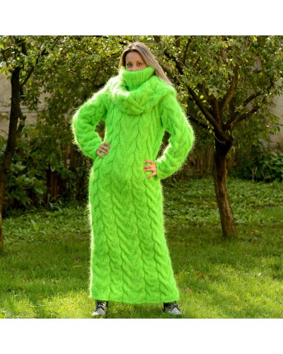Cable Hand Knitted Mohair Dress Neon Green color With Removable Turtleneck