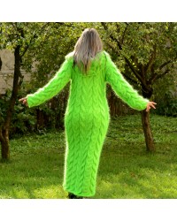Cable hand Knitted Mohair dress neon green Fuzzy Removable Turtleneck Handgestrickte pullover by Extravagantza
