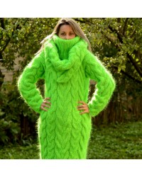 Cable hand Knitted Mohair dress neon green Fuzzy Removable Turtleneck Handgestrickte pullover by Extravagantza