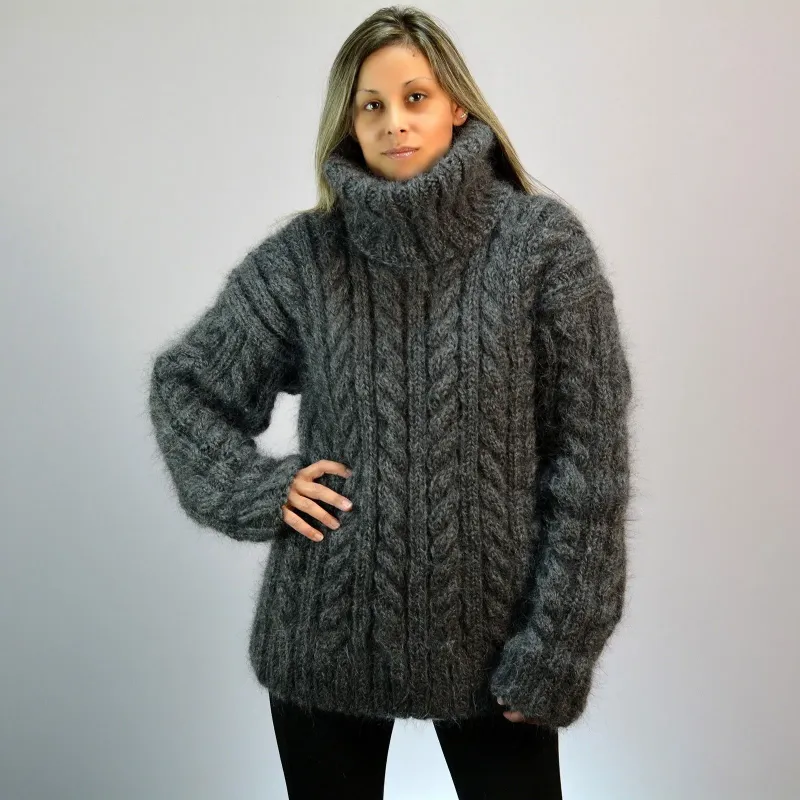 Cable Hand Knit Mohair Sweater dark gray Fuzzy Turtleneck Handgestrickt pullover by Extravagantza Cable Hand Knit Mohair Sweater dark gray Fuzzy Turtleneck Handgestrickt pullover by Extravagantza