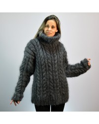 Cable Hand Knit Mohair Sweater dark gray Fuzzy Turtleneck Handgestrickt pullover by Extravagantza