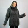 Cable Hand Knit Mohair Sweater dark gray Fuzzy Turtleneck Handgestrickt pullover by Extravagantza