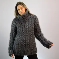 Cable Hand Knit Mohair Sweater dark gray Fuzzy Turtleneck Handgestrickt pullover by Extravagantza