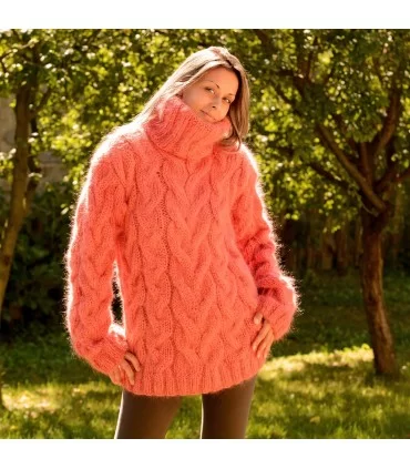 Cable Hand Knit Mohair Sweater coral Fuzzy Turtleneck Handgestrickt pullover by Extravagantza