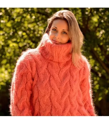 Cable Hand Knit Mohair Sweater coral Fuzzy Turtleneck Handgestrickt pullover by Extravagantza