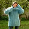 Cable Hand Knit Mohair Sweater Light Blue Fuzzy Turtleneck Handgestrickt pullover by Extravagantza