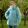 Cable Hand Knit Mohair Sweater Light Blue Fuzzy Turtleneck Handgestrickt pullover by Extravagantza