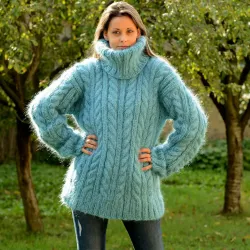 Cable Hand Knit Mohair Sweater Light Blue Fuzzy Turtleneck Handgestrickt pullover by Extravagantza