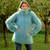 Cable Hand Knit Mohair Sweater Light Blue Fuzzy Turtleneck Handgestrickt pullover by Extravagantza