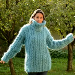 Cable Hand Knit Mohair Sweater Light Blue Fuzzy Turtleneck Handgestrickt pullover by Extravagantza