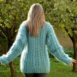 Cable Hand Knit Mohair Sweater Light Blue Fuzzy Turtleneck Handgestrickt pullover by Extravagantza