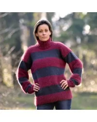 100% Pure Angora Hand Knit Sweater Striped Crew Neck red and gray