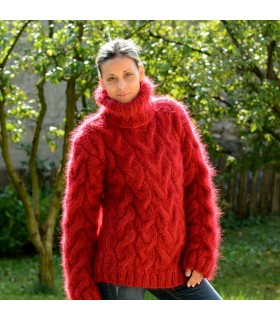 Cable Hand Knit Mohair Sweater red Fuzzy Turtleneck Handgestrickt pullover by Extravagantza