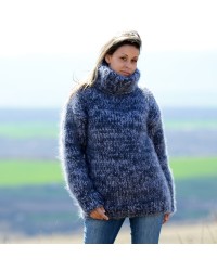 Hand Knit Mohair Sweater gray blue mix Fuzzy Turtleneck 10 strands Handgestrickte pullover by Extravagantza