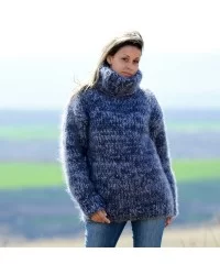 10 strands Hand Knit Mohair Sweater Gray Blue mix Fuzzy Turtleneck Plain Design