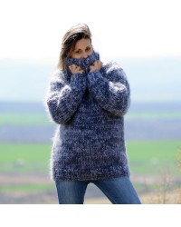 Hand Knit Mohair Sweater gray blue mix Fuzzy Turtleneck 10 strands Handgestrickte pullover by Extravagantza